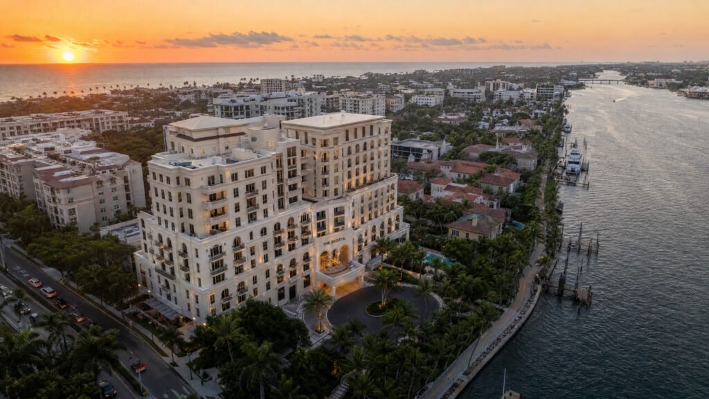 Aerial view of The Bristol Palm Beach waterfront location on the Intracoastal Waterway